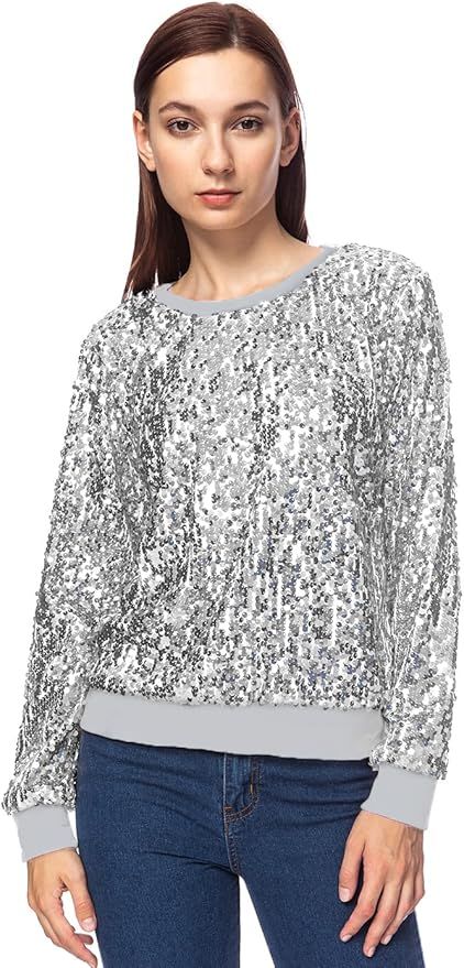 Anna-Kaci Women Sequin Crewneck Sweatshirt Long Sleeve Casual Glitter Sparkly Pullover Top | Amazon (US)