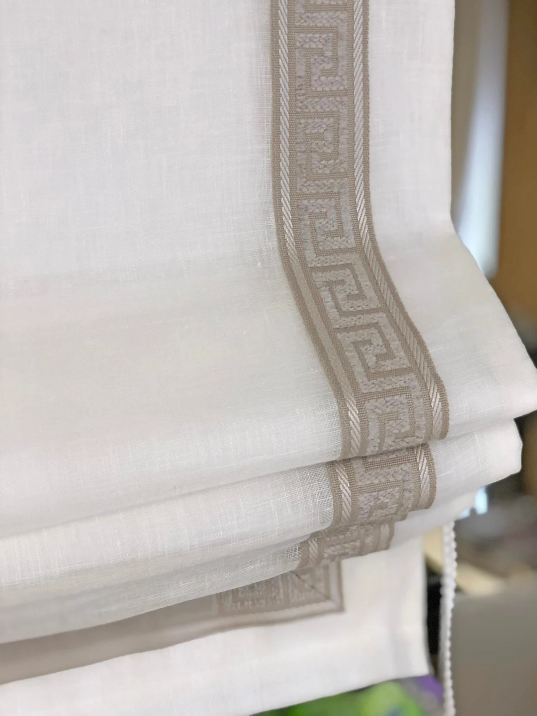 Custom Roman Shade, Relaxed "utopia Linen With Greek Key Trim", 100% Linen Shade With Chain Mecha... | Etsy (US)