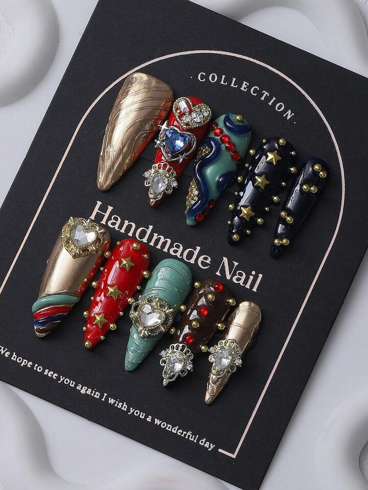 10pcs Long Pointy Nails, European & American Style, Rhinestone Studded Exotic & Luxurious Handcraft Nails, Y2K For Ladies & Girls, Elegant & Chic | SHEIN