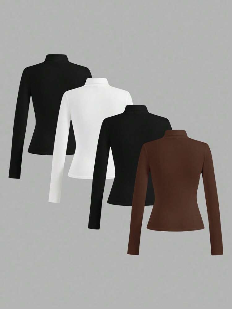 SHEIN Essnce 4pcs/Set Casual Solid Color Versatile Layering Slim Fit Turtleneck Sweaters For Wome... | SHEIN