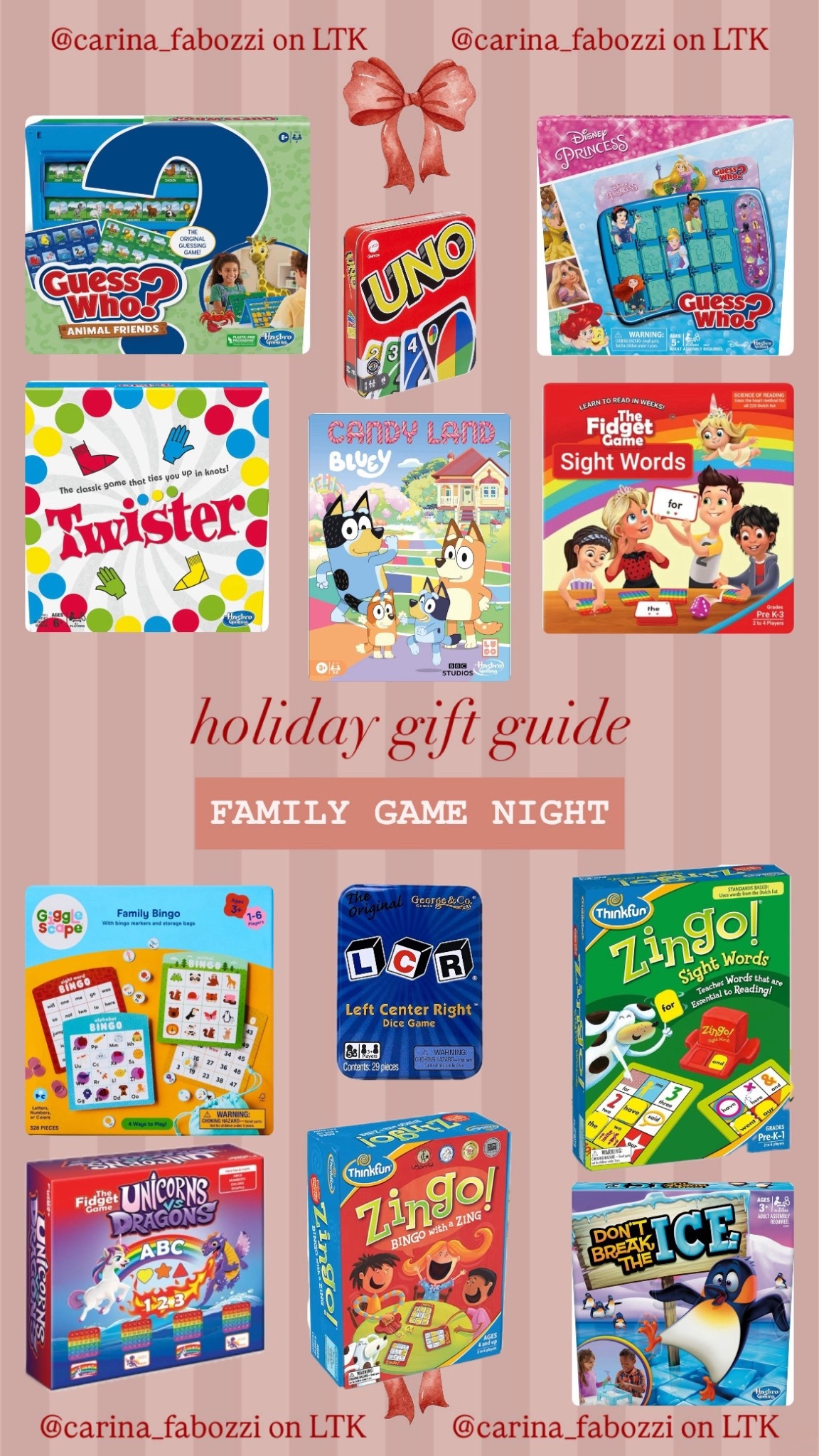 Holiday gift guide 2025: family game night! Our kids are under 6 so we need simple but fun and engaging games. We have a few of these and I plan to grab a bunch off this list for Christmas! 

Twister, zingo, LCR, bingo, the fidget game, candy land Bluey, uno, guess who 

#LTKGiftGuide #LTKKids #LTKFamily