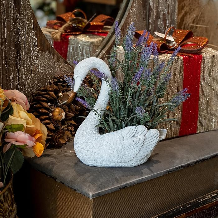 Vintage White Swan Planter with Artificial Lavender Plant – Elegant Resin Swan Statue Flower Po... | Amazon (US)