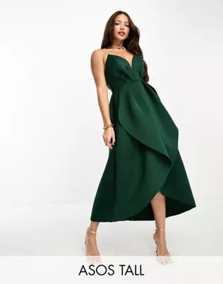 ASOS DESIGN Tall plunge bandeau cocoon midi skater dress in forest green | ASOS (Global)