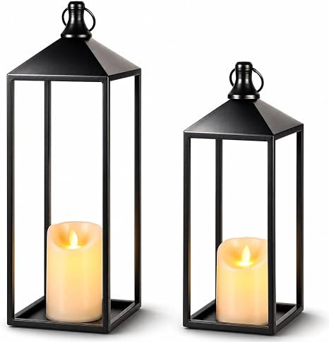 Lanterns Decorative Outdoor Indoor, 17" 13" Set of 2 Black Candle Lanterns | No Glass Metal Outdo... | Amazon (US)