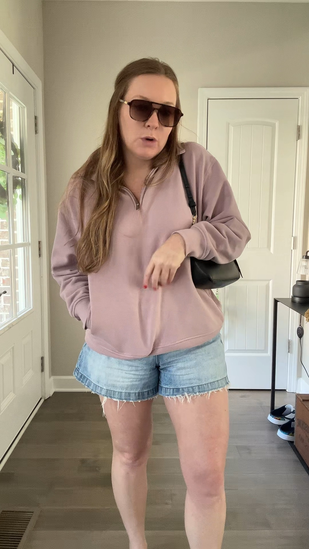 Affordable brown sunglasses 
Black shoulder bag 
Quarter zip sweatshirt with pockets / tts wearing a small
Aline shorts / tts wearing a 29
Two strap sandals / tts

#LTKdayinmylife #LTKActive #LTKootd