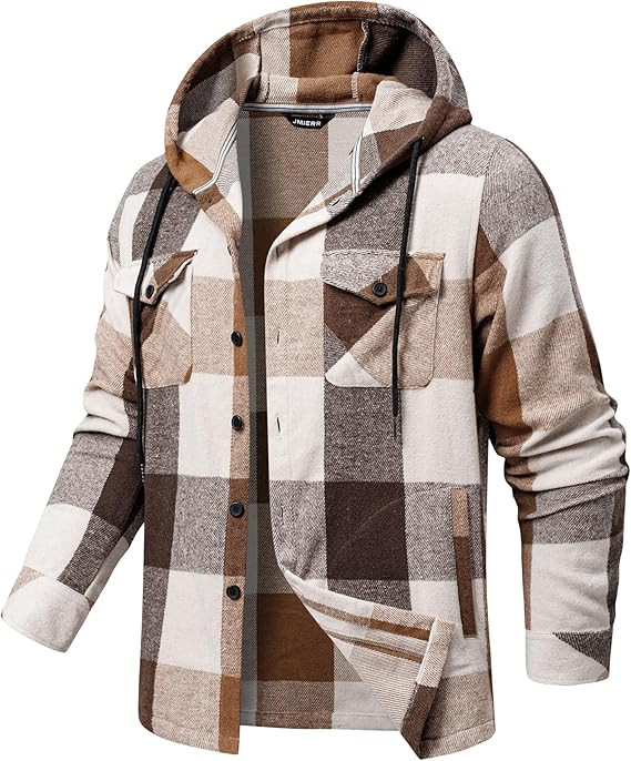 JMIERR Mens Cotton Flannel Shirts Casual Button Down Hoodie Plaid Shirt Long Sleeve Lightweight J... | Amazon (US)
