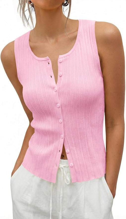 Saodimallsu Womens Sleeveless Sweater Vest Button Down Ribbed Knit Tank Top Scoop Neck Summer Tre... | Amazon (US)