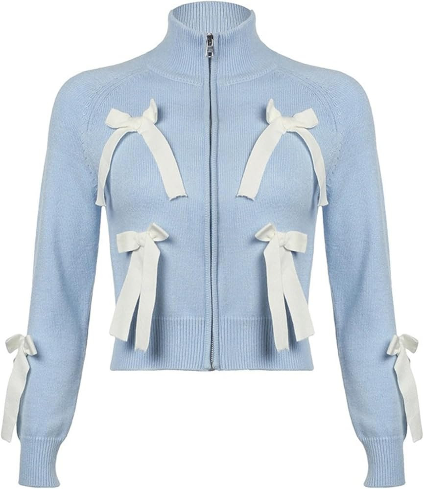 Crop Sweater for Women - Cute Sweater Cable Knit Cardigan Zip Up High Neck Long Sleeve Bow Knot T... | Amazon (US)