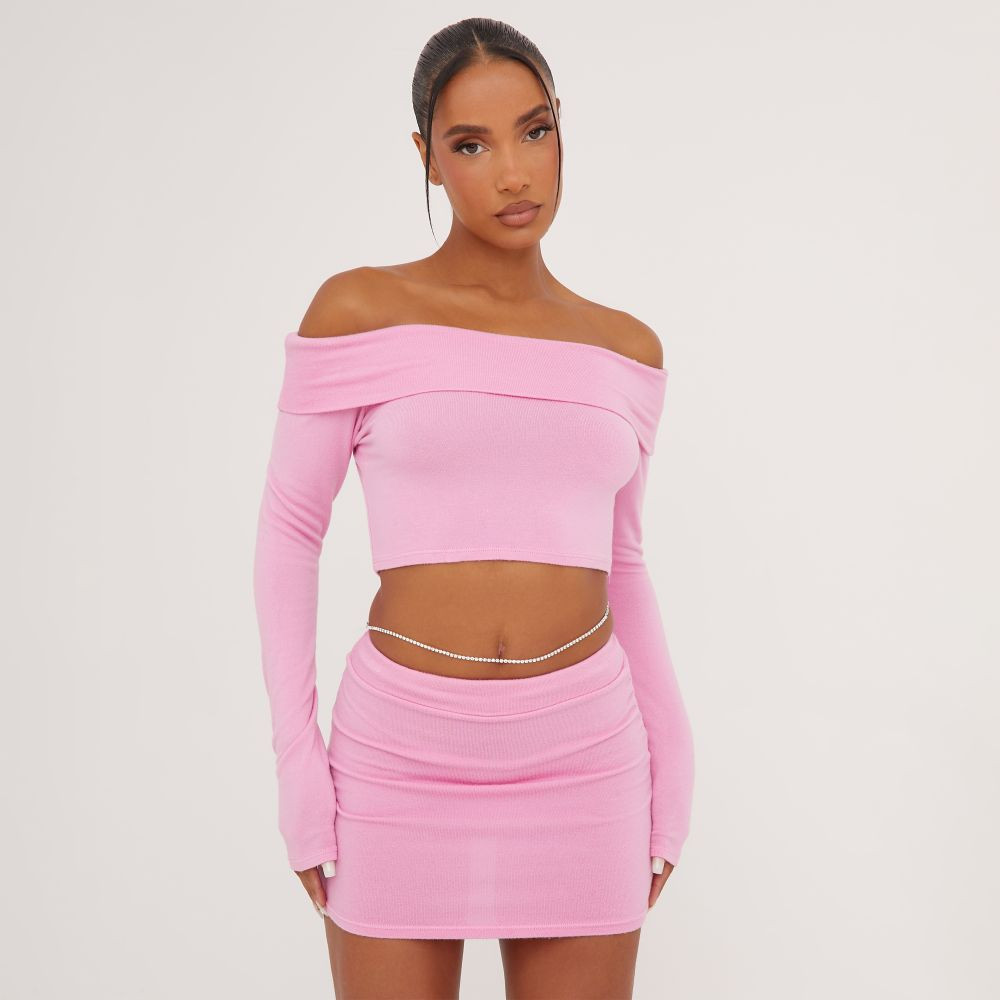 Long Sleeve Bardot Fold Over Crop Top In Pink Knit | EGO (UK)