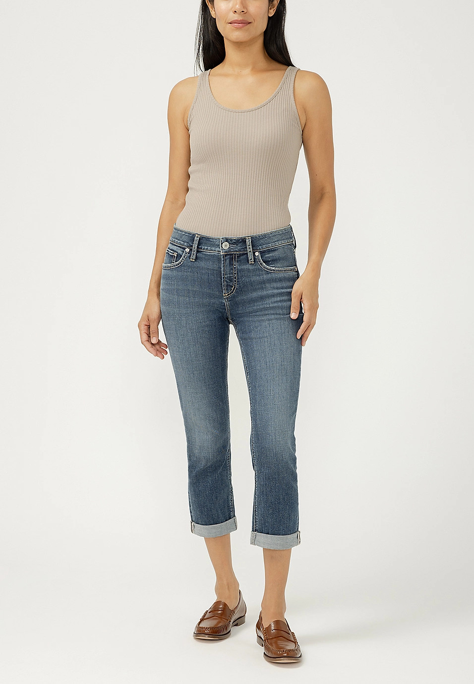 Silver Jeans Co.® Elyse Mid Rise Luxe Stretch Rolled Hem Capri | Maurices