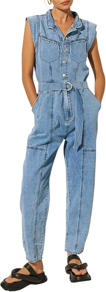 Yousify Women's Denim Jumpsuit 2024 Cap Sleeve Button Down Belted Rompers Straight Leg Jeans Long... | Amazon (US)