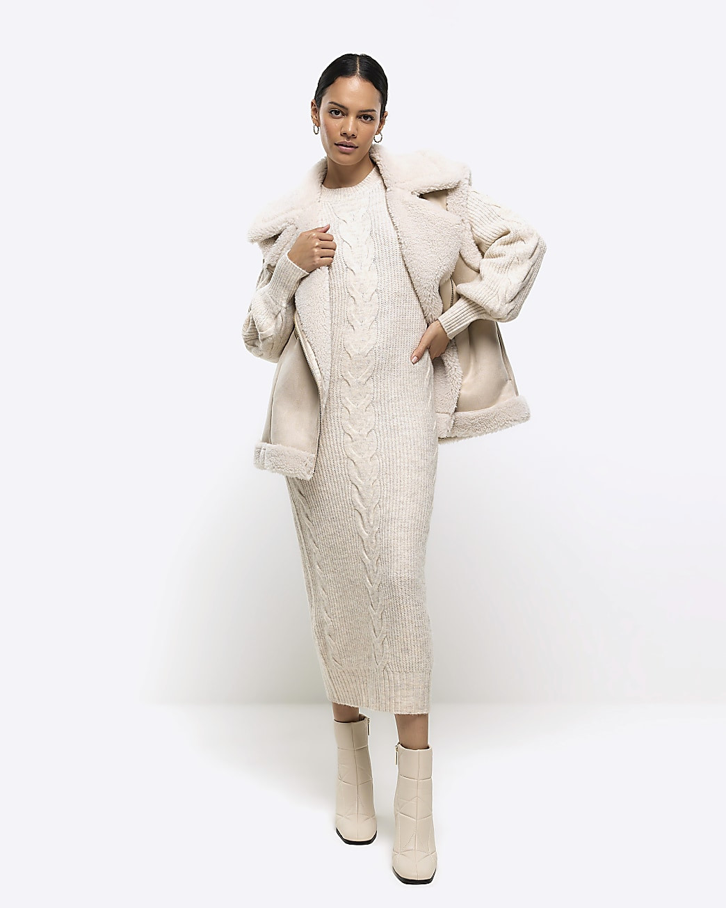 Cream plait jumper midi dress | River Island (UK & IE)