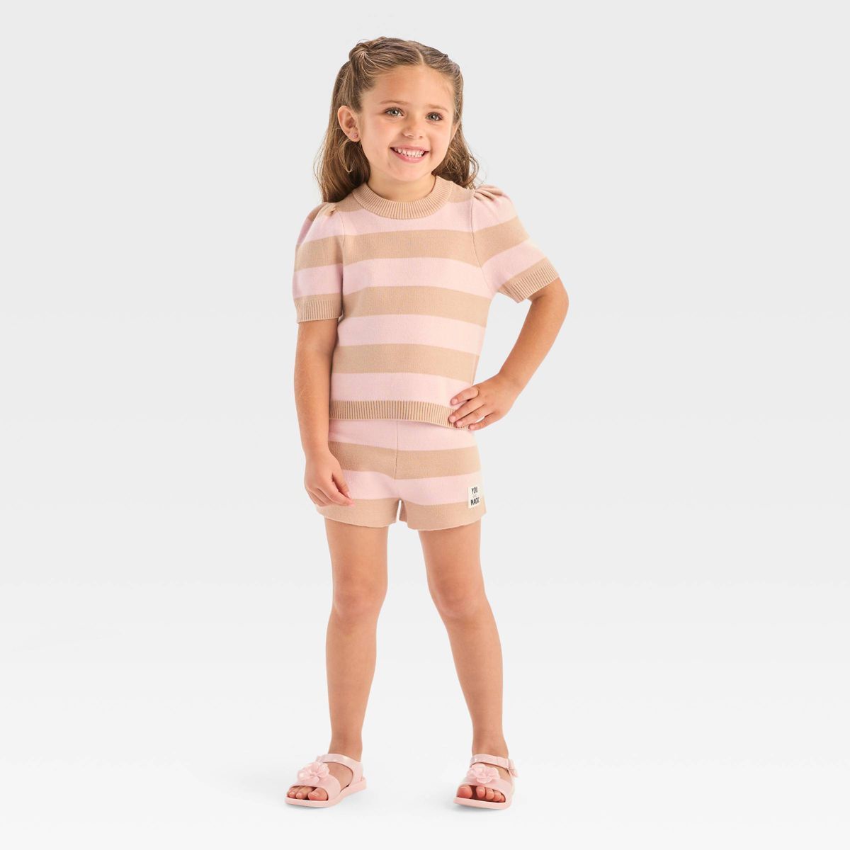 Grayson Mini Toddler Girls' Striped Puff Sleeve Sweater & Shorts Set - Beige | Target