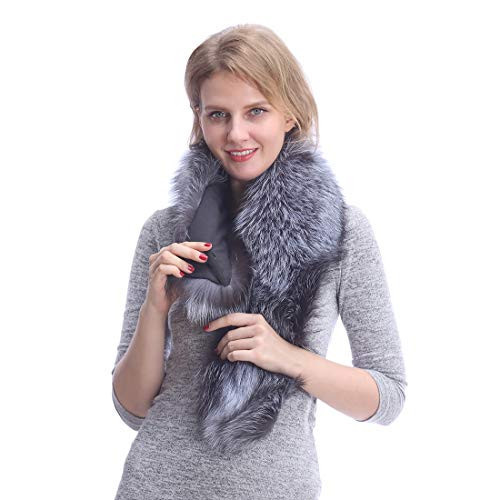 URSFUR Women's Real Silver Fox Fur Scarf, Winter Knitted Collar Wrap with Satin Lining for Coat/Dress,Sliver Fox | Amazon (US)