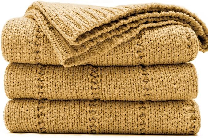 RECYCO Cable Knit Mustard Yellow Throw Blanket for Couch, Super Soft Warm Cozy Decorative Knitted... | Amazon (US)