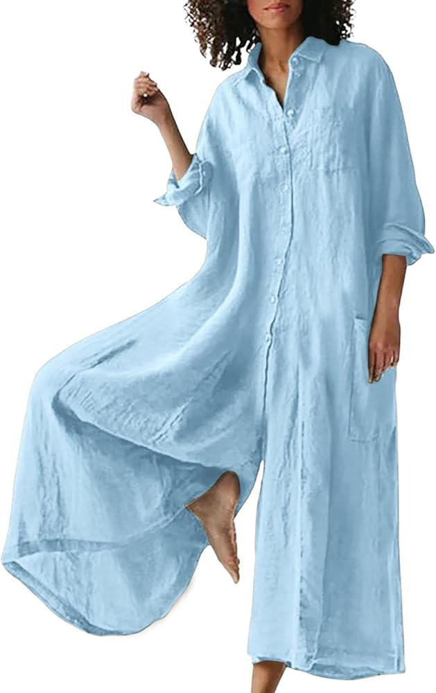 CHARTOU Women Linen Button Down Long Sleeve Wide Leg Jumpsuit Beach Palazzo Pants One Piece Jumps... | Amazon (US)