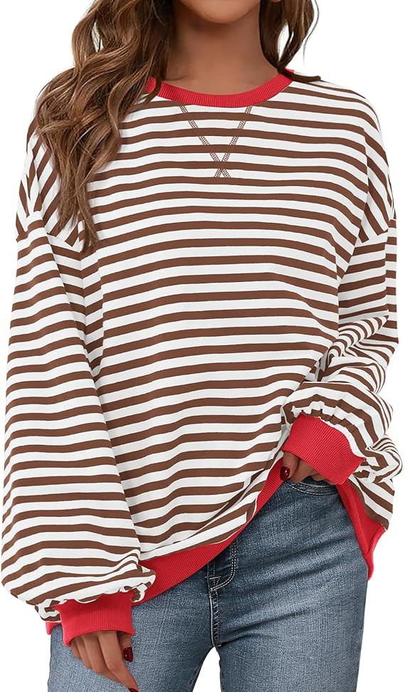 BTFBM Womens Oversized Striped Sweatshirt Crewneck Long Sleeve Pullover Top Casual Y2K Fall Cloth... | Amazon (US)