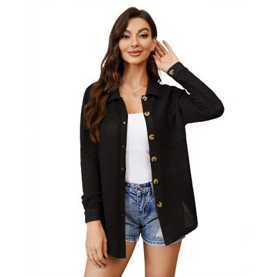 Women Knit Button Down Shirts Casual Long Sleeve Lapel Shacket with Pocket, Black, | Target
