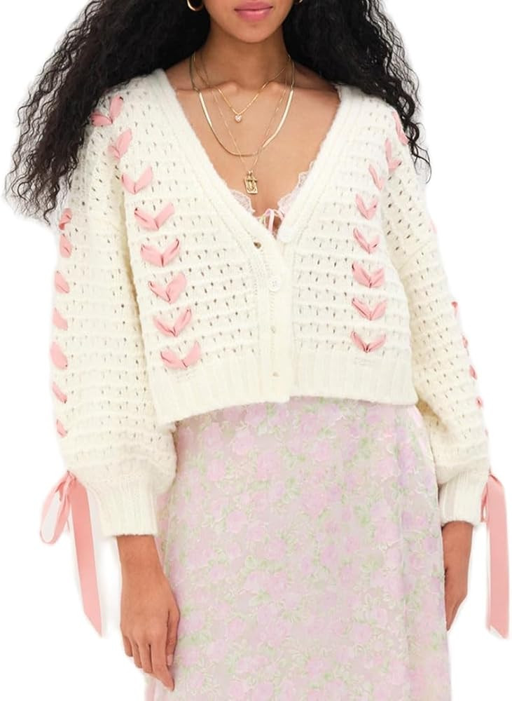Women's Y2K Crop Cardigan Long Sleeve V-Neck Satin Ribbon Lace Up Bow Dec Sweater Pullover Button... | Amazon (US)