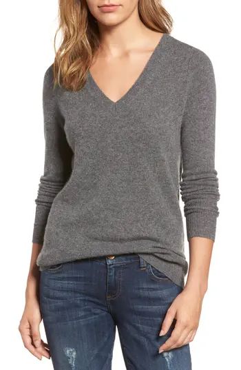 Women's Halogen V-Neck Cashmere Sweater, Size XX-Large - Grey | Nordstrom