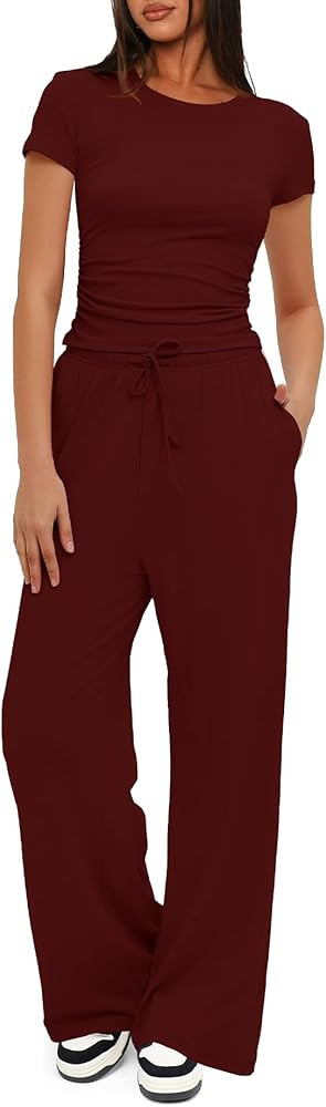Darong Women's 2 Piece Set Outfits Lounge Sets Ruched Short Sleeve Tops High Waisted Wide Leg Pan... | Amazon (US)