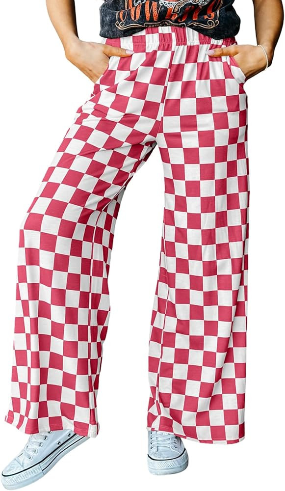 Acelitt Womens Casual Checkered Pants Elastic Waist Comfy Loose Wide Leg Pants with Pockets | Amazon (US)