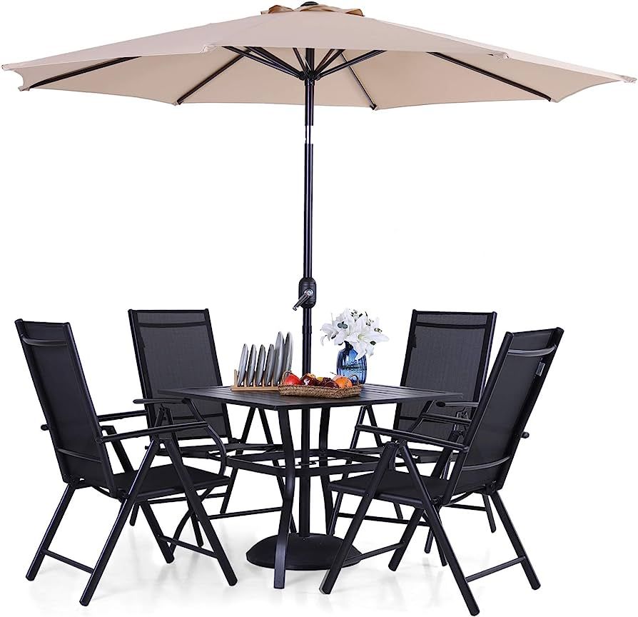 PHI VILLA Patio Dining Set for 4 with 9Ft Patio Umbrella, 4 PCS Adjustable Reclining Folding Chai... | Amazon (US)