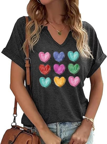 V-Neck Shirts for Women Cute Love Heart Graphic Valentine's T Shirts Casual Spring Day Tops Tee B... | Amazon (US)