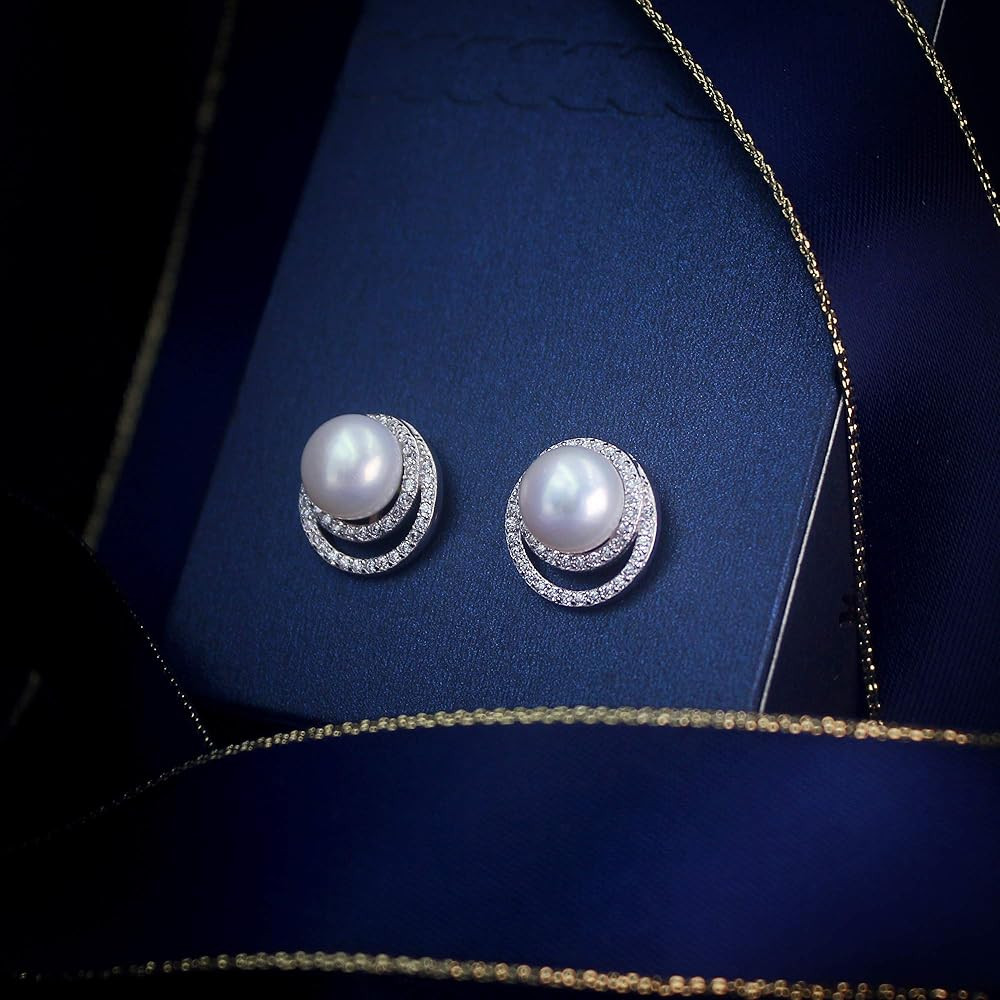 LE YI Freshwater Cultured Pearl Earrings Studs with Cubic Zirconia Pearl Jewelry for Women Sterling  | Amazon (US)