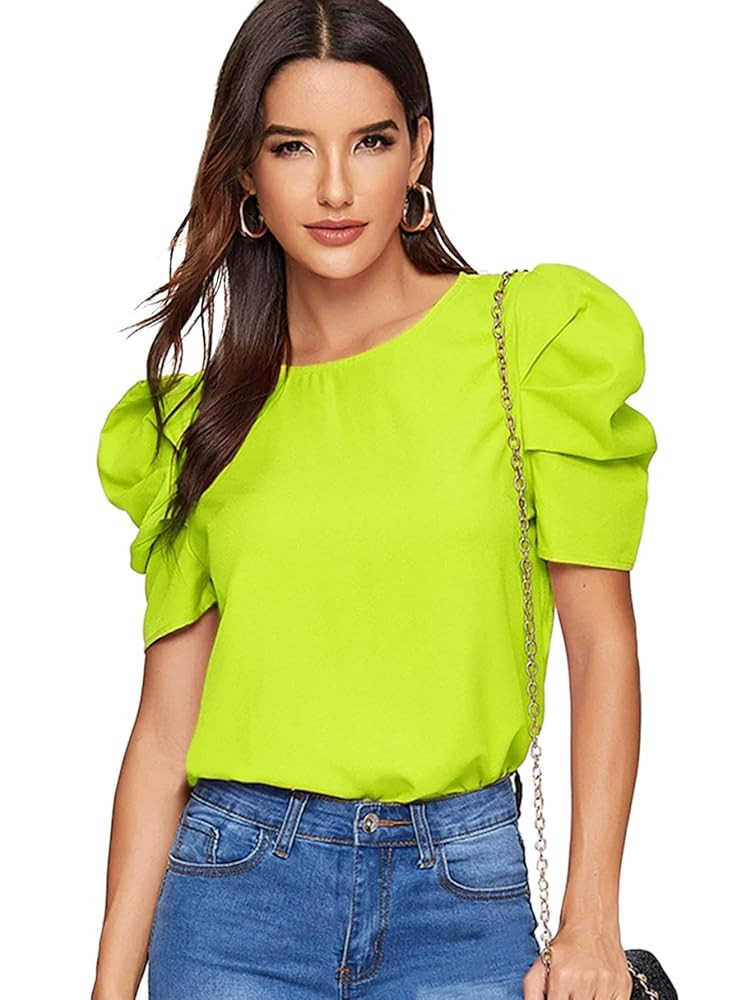 Floerns Women's Round Neck Short Puff Sleeve Keyhole Back Blouse Tops | Amazon (US)
