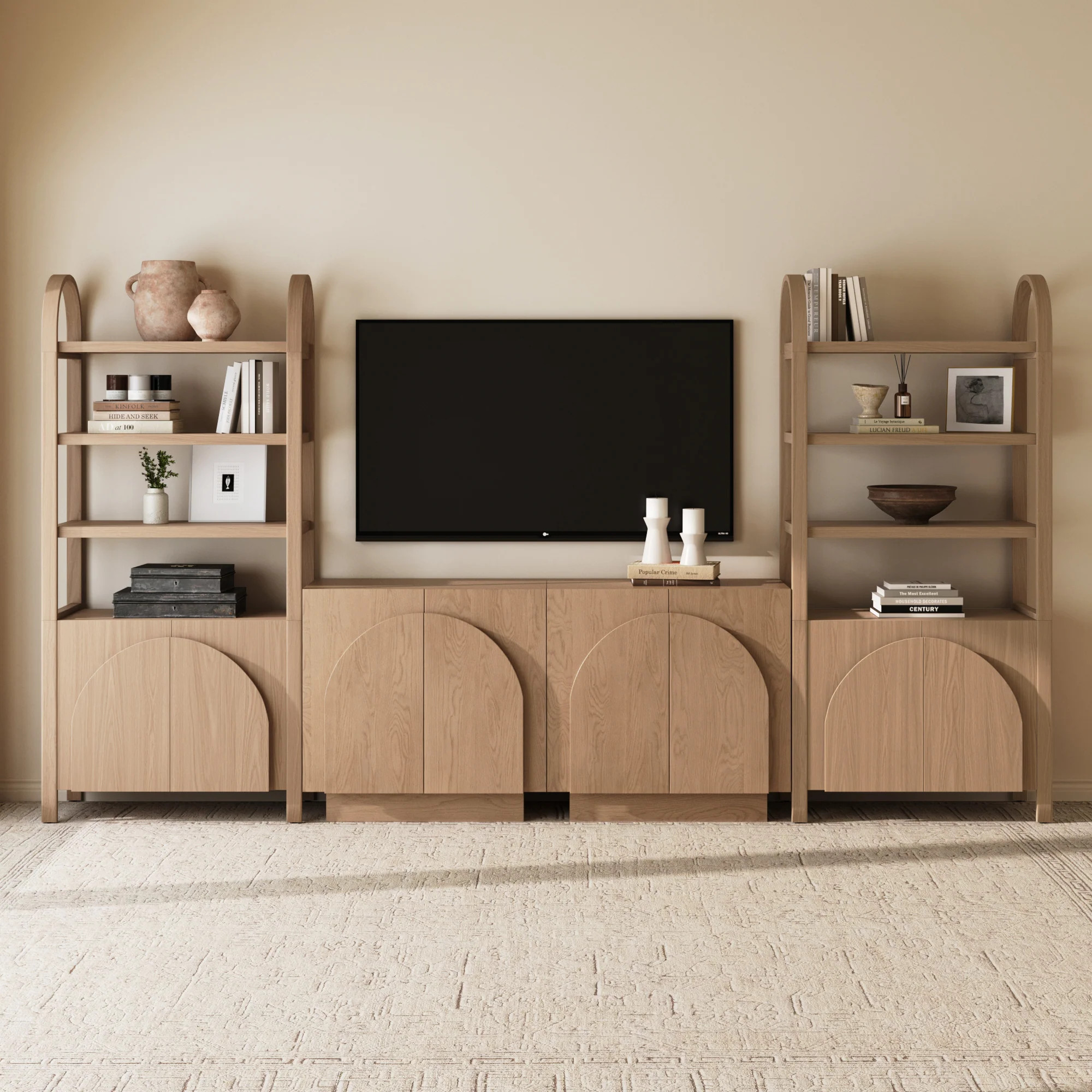 Mid-Century Modern Arched Wood Entertainment Center Oak (2 Cabinets) | Nathan James
