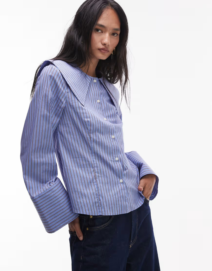 & Other Stories collar structured blouse with burgundy stripes in blue | ASOS (Global)