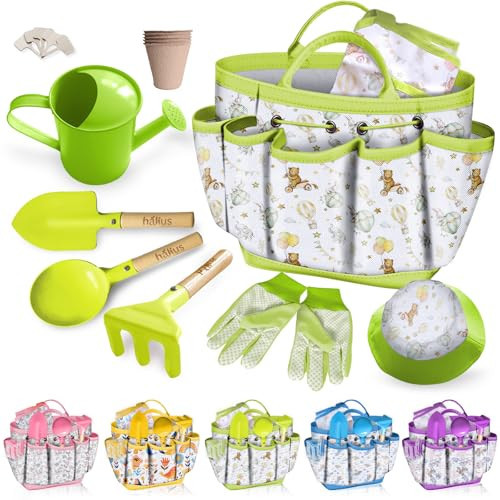 Kids Gardening Tool Set 18PCS Kids Toddler Gardening Set Includes Tote Bag Watering Can Apron Hat Rake Shovel Spoon Gloves Plant Pots and Labels, Outdoor Toys Gift for Boys Girls (Green) | Amazon (US)