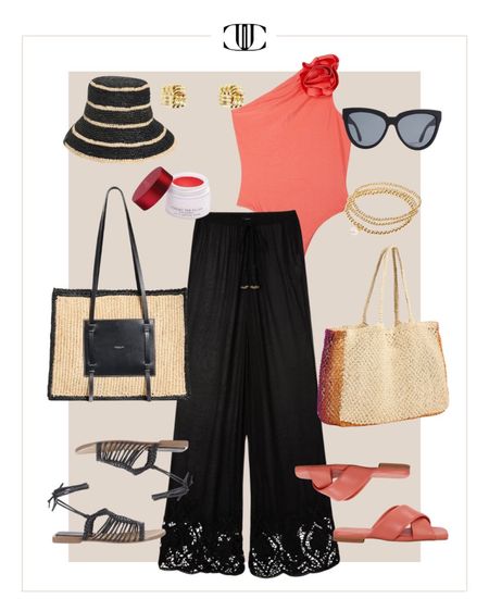 One piece swimsuit, bathing suit, cover-up, beach pants, embroidered pants, tote, strappy sandals, slides, bucket hat, clutch, summer hat, summer outfit, summer look, travel outfit

#LTKshoecrush #LTKover40 #LTKstyletip