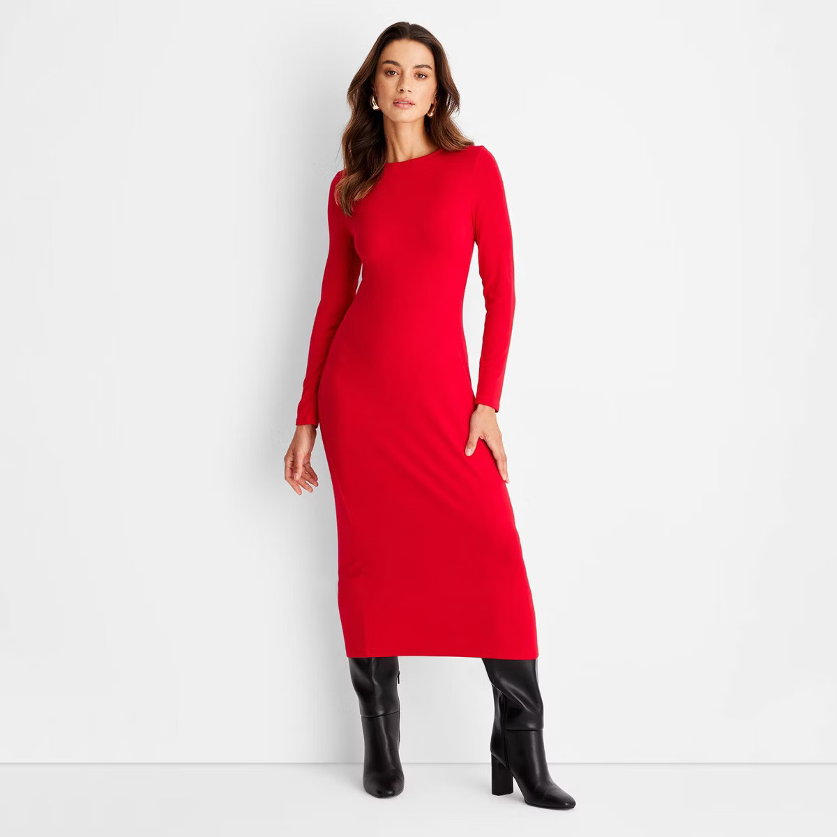 Women's Long Sleeve Ribbed Midi Bodycon Dress - A New Day™ Red M | Target