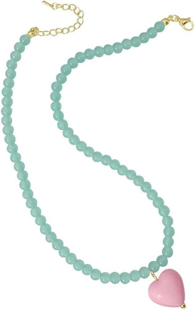 Colorful Beaded Choker Pink Peach Heart Necklace Chunky Big Heart Pendant Cute Necklace Blue Bead... | Amazon (US)