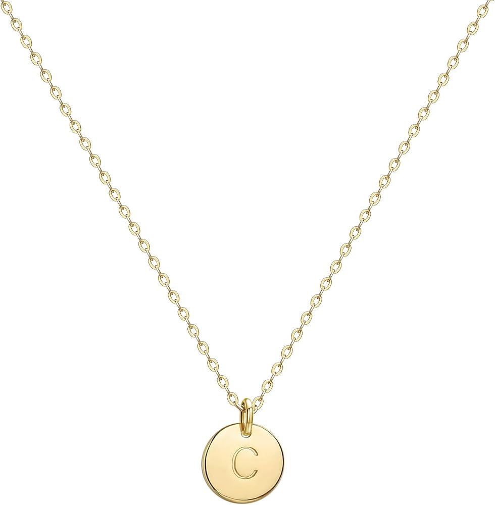 Valloey Gold Initial Pendant Necklace, 14K Gold Filled Disc Double Side Engraved 16.5" Adjustable... | Amazon (US)