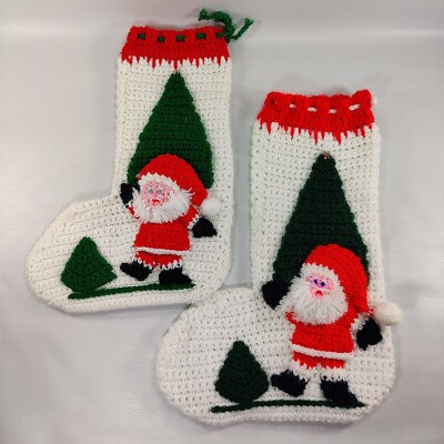 Vtg Pair Crocheted Christmas Stockings 3D Santa Trees | eBay US