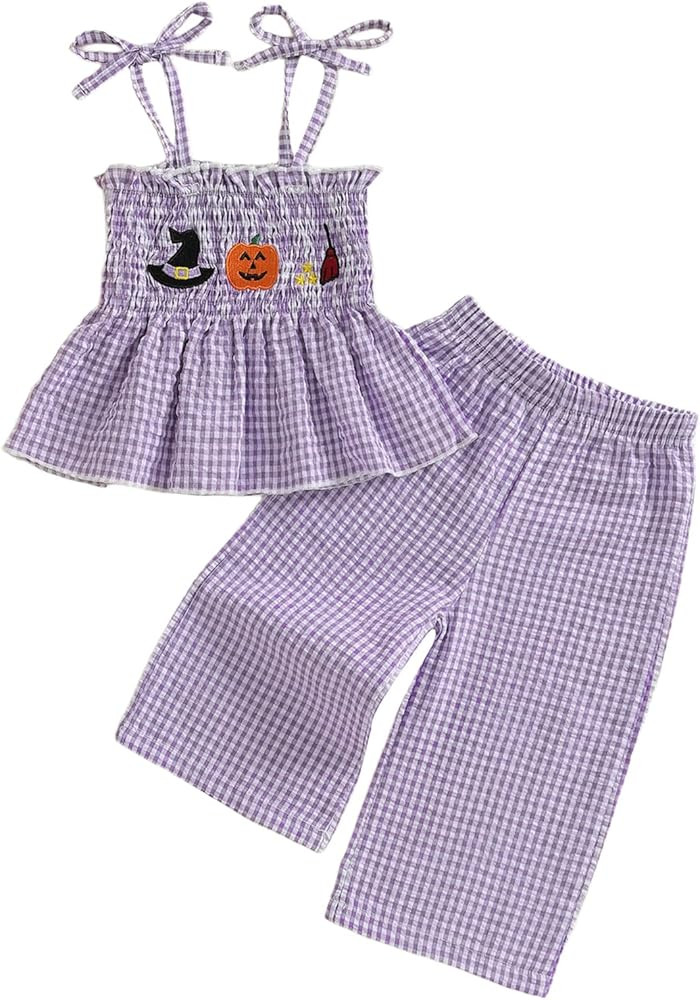 Kayotuas Halloween Toddler Girl Outfits Pumpkin Smocked Spaghetti Strap Tank Top Dress Gingham Pl... | Amazon (US)