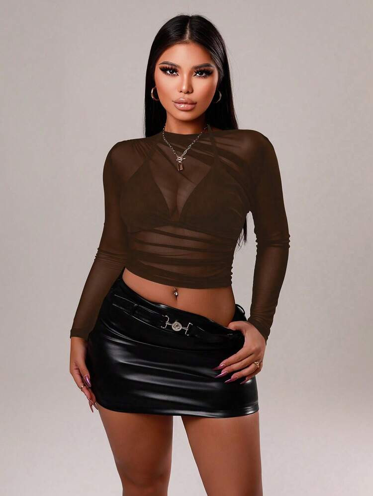 Zolique Sexy Black Pleated Mesh Long Sleeve Blouse For Women | SHEIN