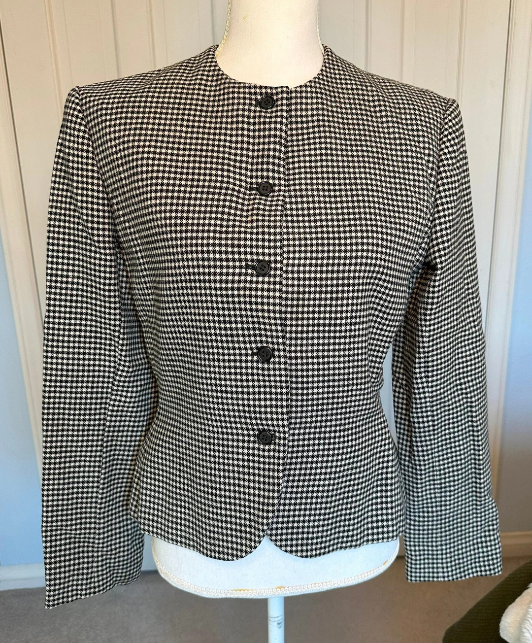 VTG Bill Blass Jacket 1980s Fitted Cropped Blazer Mob Wife Black White Check Plaid 1940s Style S/... | Etsy (US)