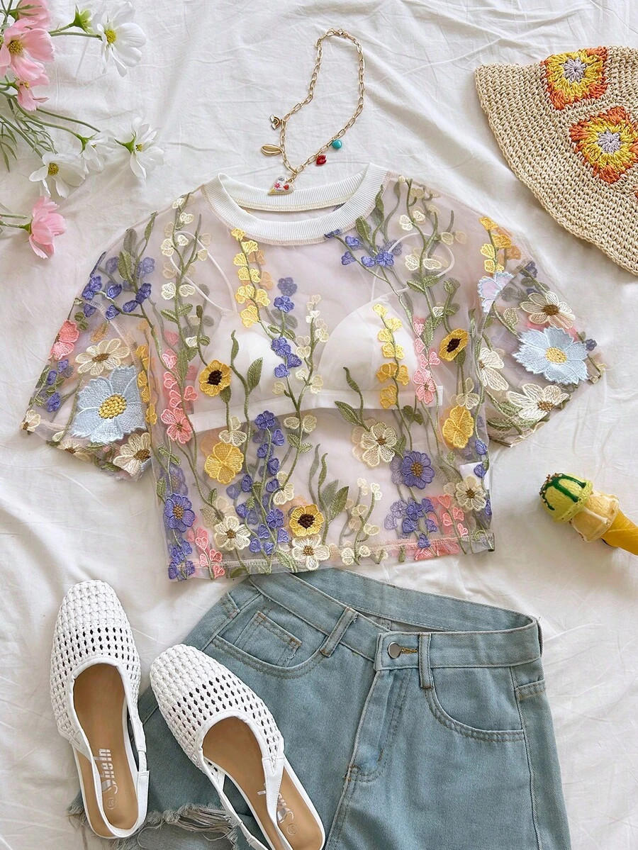Soleia Summer Vacation Women Floral Embroidery Fashion Women Top | SHEIN