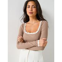 Scallop Contrast Trim Long Sleeve Top | Very (UK)