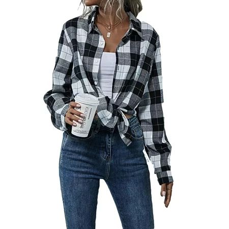 Casual Plaid Shirt Collar Long Sleeve Button Front Women s Blouses(4) | Walmart (US)