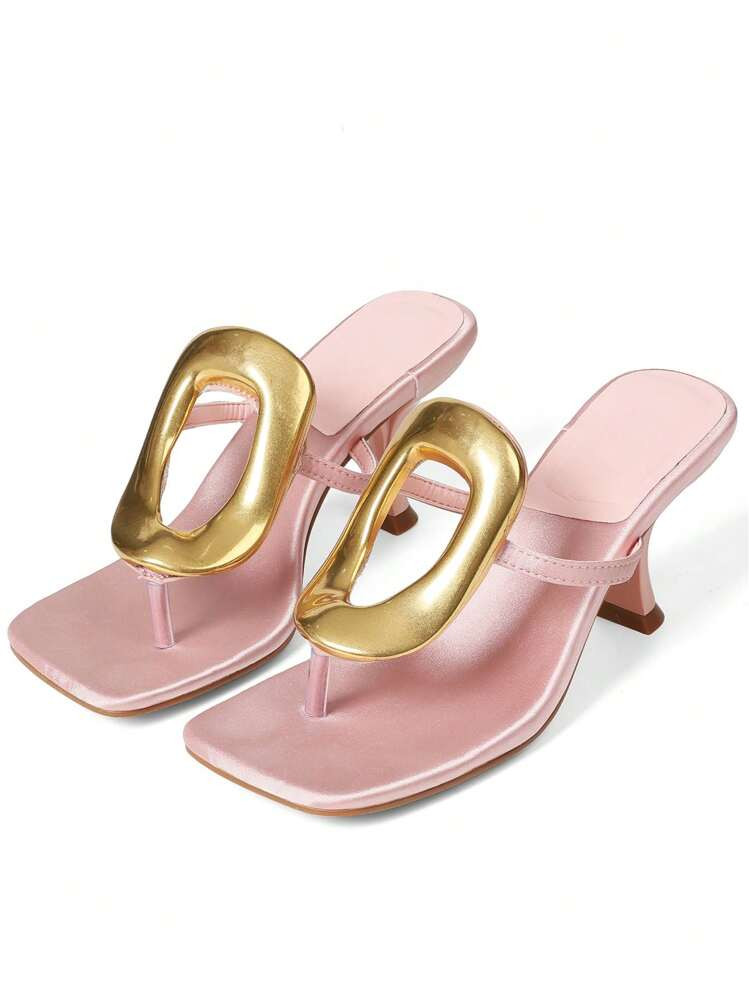 Metallic Women Flip Flops Sandals Kitten Heels Square Toe Colorful Metal Sexy Fashion Elegant Dress Summer Shoes | SHEIN