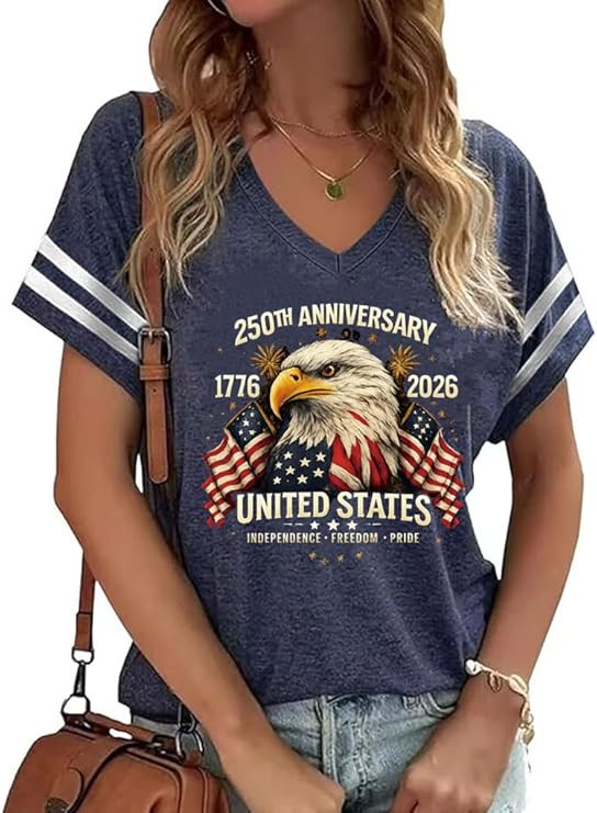 American Flag Shirts Women 4th of July V-Neck Short Sleeve Patriotic T-Shirt Memorial Day Graphic... | Amazon (US)