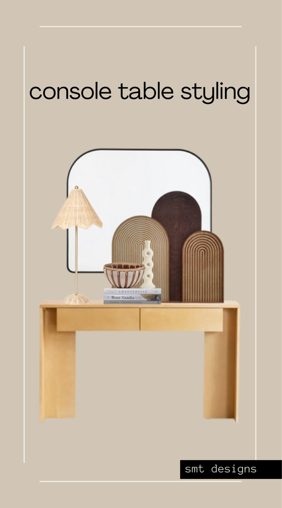 Modern organic coffee table styling with arched mirror and arched wood art, a rattan lamp and decorative accents like a vase and textured bowl

#LTKFind #LTKunder100 #LTKhome