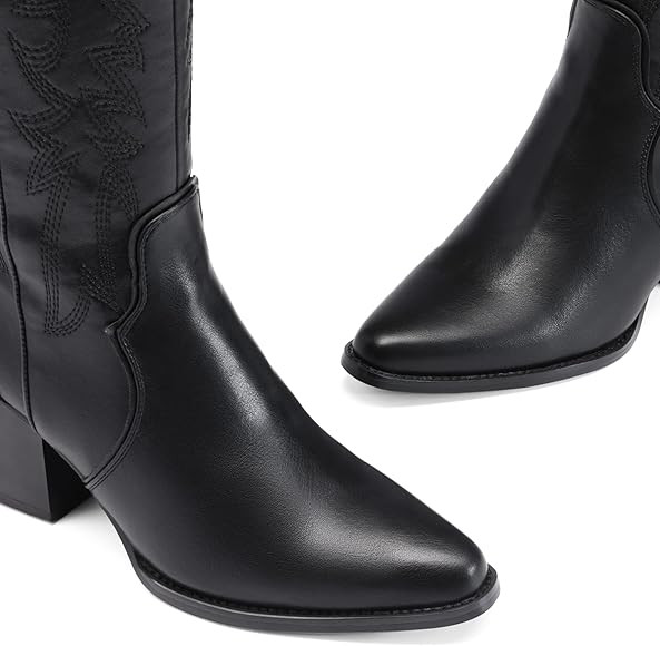 DREAM PAIRS Womens Cowboy Boots Wide Calf Comfortable Pull On Zipper Chunky Heel Pointed Toe Embr... | Amazon (US)