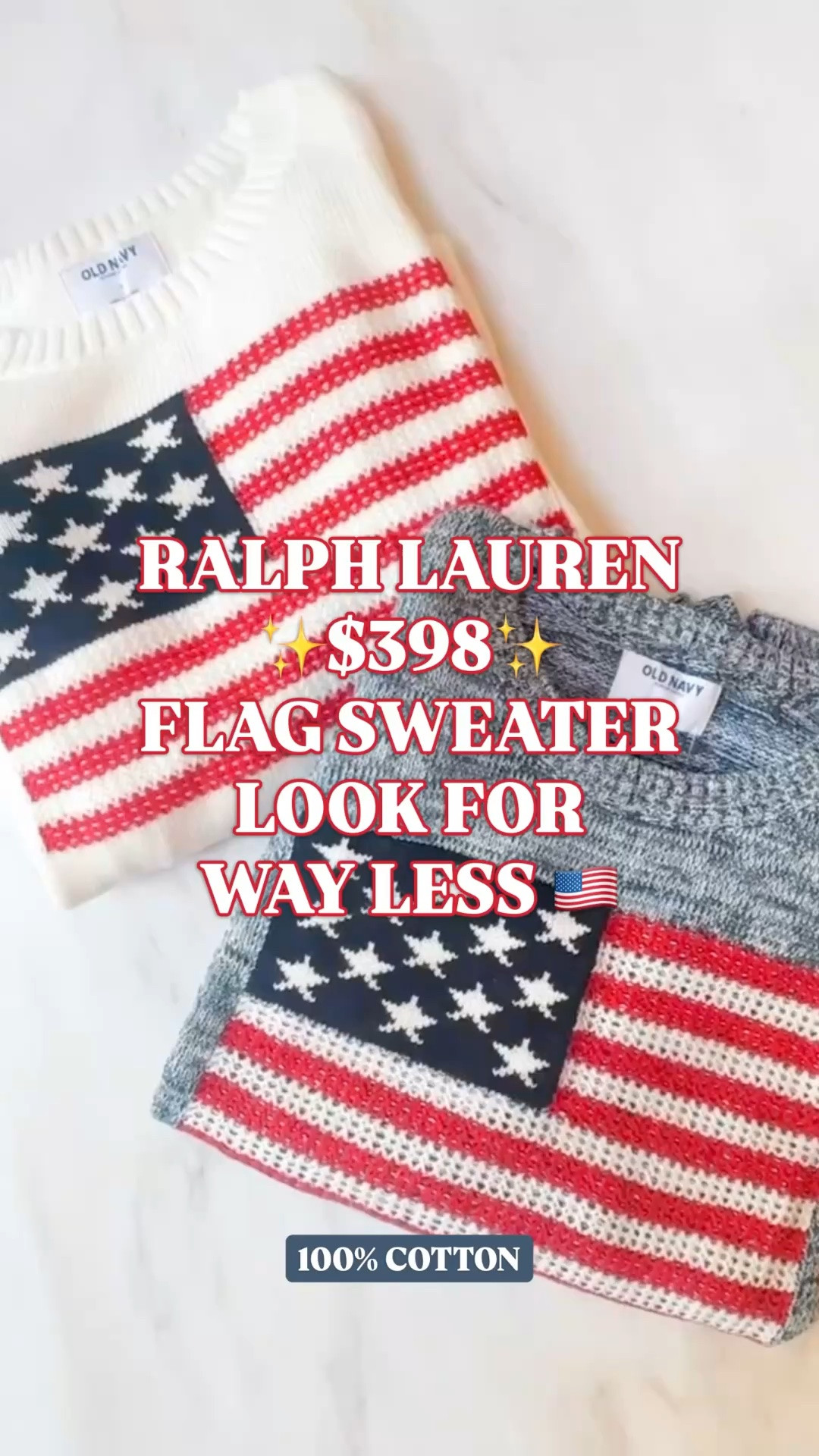 Ralph Lauren flag sweater look for less, American flag sweater women, patriotic sweater, preppy sweater women, Old Navy sweater, Fourth of July outfit women, coastal sweater women

This Old Navy flag sweater is giving the Ralph Lauren flag sweater look without the $398 price tag. 

It has that classic American summer look women search for every year: flag graphic, relaxed fit, rib-knit crewneck, long sleeves, and that coastal preppy sweater energy that works far beyond the Fourth of July.

This is the sweater you wear with white denim, cutoff shorts, linen pants, denim skirts, or tossed over your shoulders with a striped tee. It has that East Coast summer, beach house weekend, lake house, Cape Cod, Nantucket, New England vacation feel without the designer price.

Why it works:
🇺🇸 100% cotton
🇺🇸 relaxed fit
🇺🇸 hits at the hip
🇺🇸 year-round wear
🇺🇸 classic flag sweater look
🇺🇸 available in multiple colors
🇺🇸 perfect now through Labor Day

This is such a strong find for Memorial Day outfits, Fourth of July outfits, summer outfits, patriotic outfits, coastal style, preppy style, lake house weekends, beach vacations, and casual Americana style.

If you’ve been searching for Ralph Lauren flag sweater look for less, flag sweater women, American flag sweater, patriotic sweater women, Old Navy sweater, 100 cotton sweater, preppy sweater women, coastal sweater, Fourth of July outfit women, Memorial Day outfit, or designer look for less, this is the one I’d grab before sizes start disappearing.

#LTKFindsUnder100 #OldNavyFinds #FlagSweater #RalphLaurenStyle #LookForLess #PreppyStyle #CoastalStyle #FourthOfJulyOutfit

#LTKSeasonal #LTKootd #LTKPetite