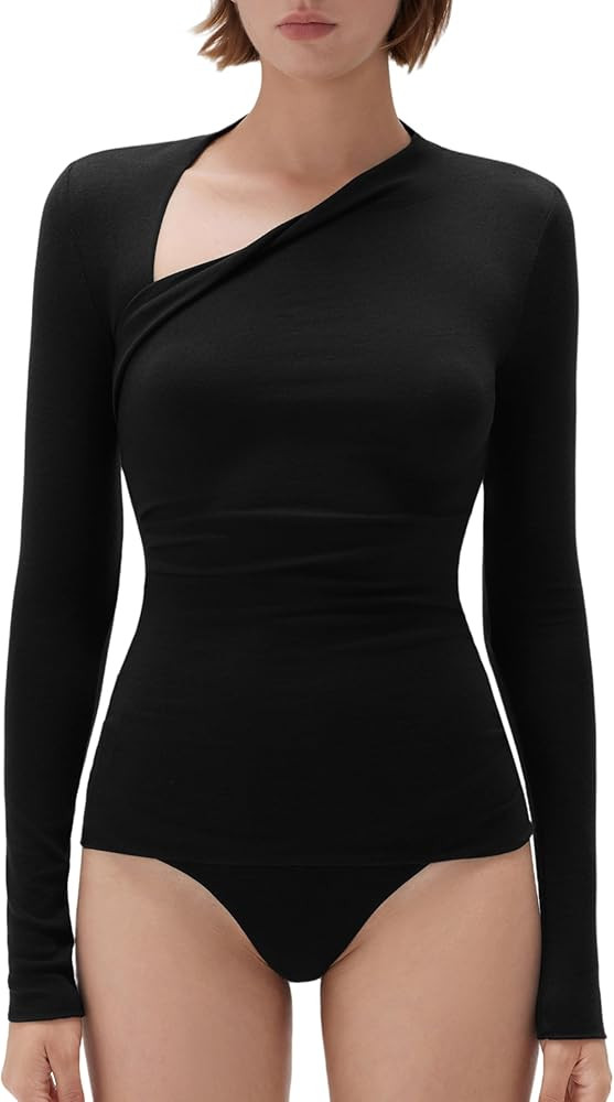 SUUKSESS Modal Cashmere Long Sleeve T Shirts for Women Ultralight Fall Fashion 2025 Trendy Asymme... | Amazon (US)